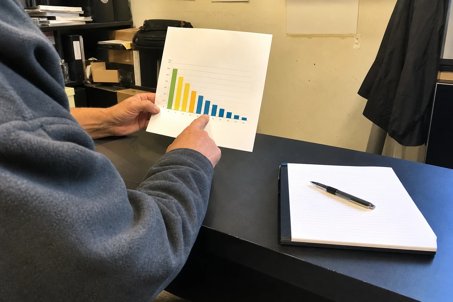 Person in a gray fleece pointing to a printed bar chart at a dark desk in a back office, with a notepad and pen nearby and shelves of boxes and binders behind
