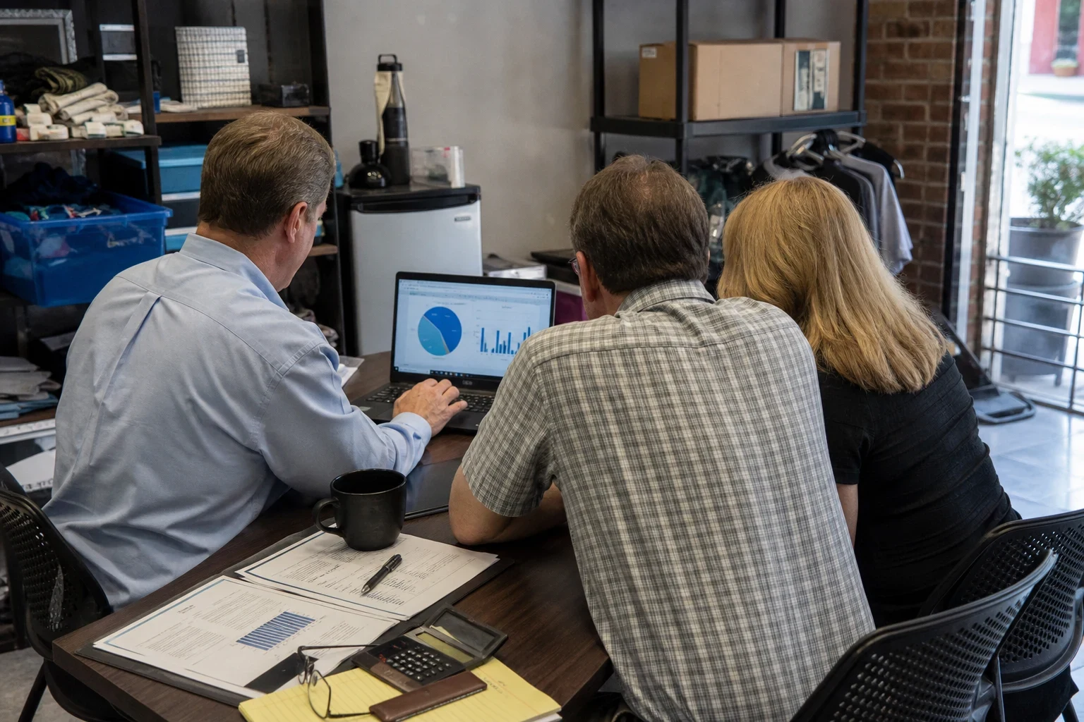 Agent in a blue button-down shirt reviews charts on a laptop with a couple at a wooden table in a small storefront office with shelves and a brick wall