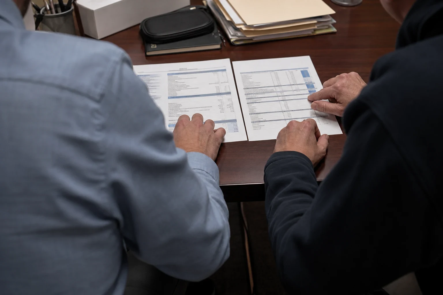 Over-the-shoulder view of two people at a wooden office desk comparing two printed financial documents laid side by side, with folders and a notebook behind